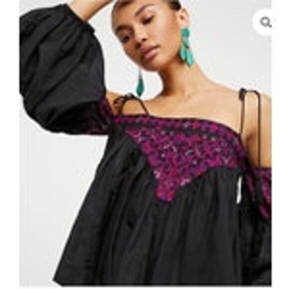 Free People Women’s Small Black Purple Vacay Vibin’ Embroidered Shoulder Top - Picture 1 of 8